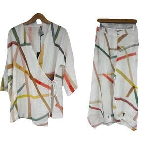 Ozai N Ku Art To Wear Lagenlook Colorful Loose Fit Set Wrap Top Pants Women’s M